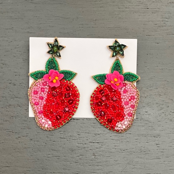 High Heels on the High Road Jewelry - 🍓Red Strawberry & Pink Sequin Flower Crystal Summer Pinup Bead 3" Earrings
